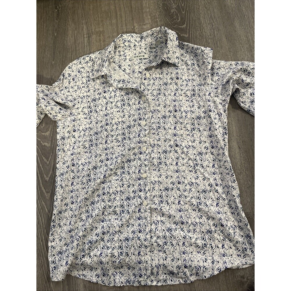 Orvis Women’s Blue & White  Geometric 100% Silk Blouse Size Small